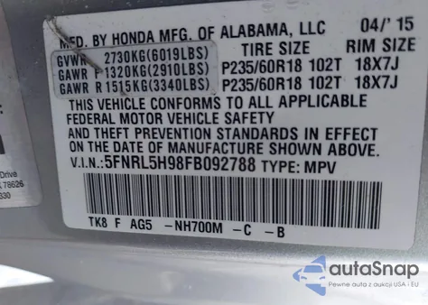 2015 Honda Odyssey Touring/Touring Elite из США, поврежденный, VIN 5FNRL5H98FB092788